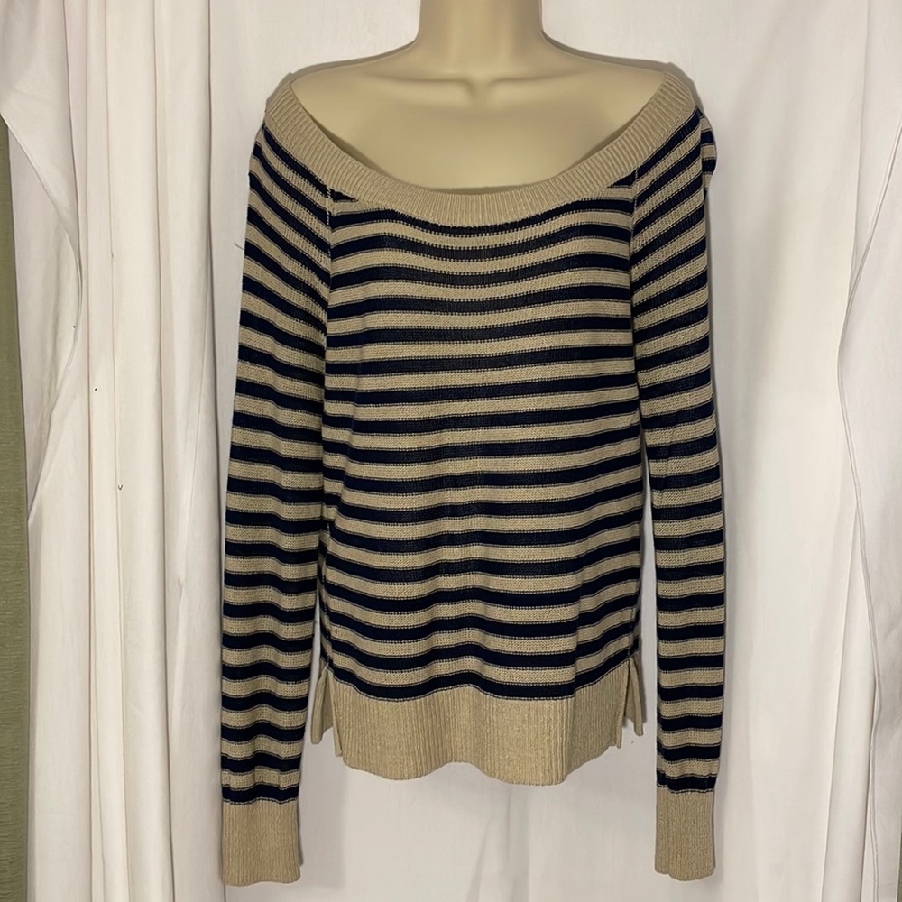Beige and Navy Thin Striped Sweater, Women’s Size Medium by Willi Smith